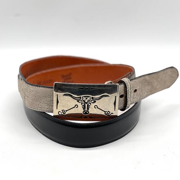 TONY LAMA Western Leather Belt with Steer Head Buckle Mens 40 Black Gray Cowboy